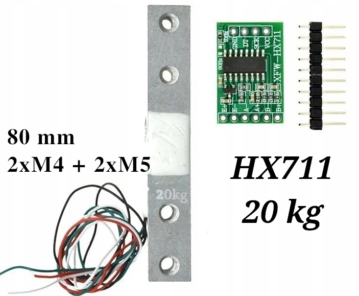 Zestaw HX711 Belka Tensometryczna 20kg długość 80mm 2xM4, 2xM5 Waga ADC 24 — zdjęcie produktu