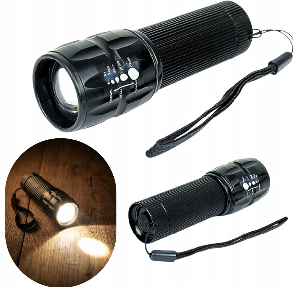 Mała mocna latarka LED  300 lm z zoomem 3xAAA aluminiowa obudowa — zdjęcie produktu